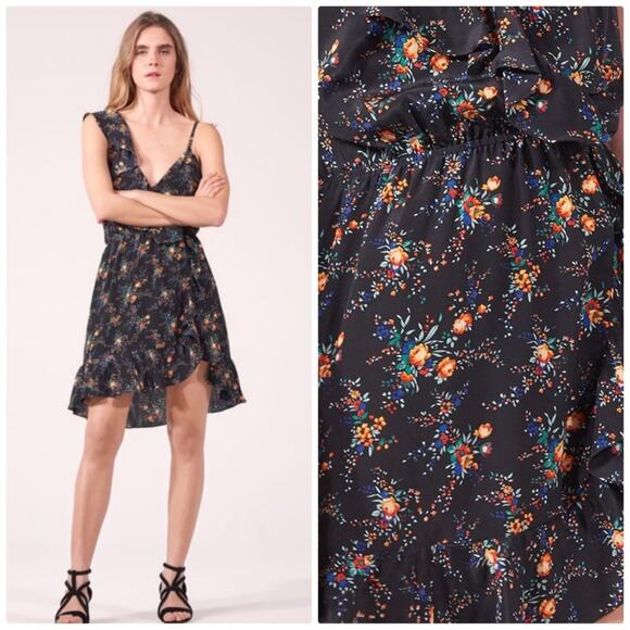 Sandro Black Petunia Sleeveless Ruffle Floral 100% Silk Dress Size 2 New - Picture 1 of 6